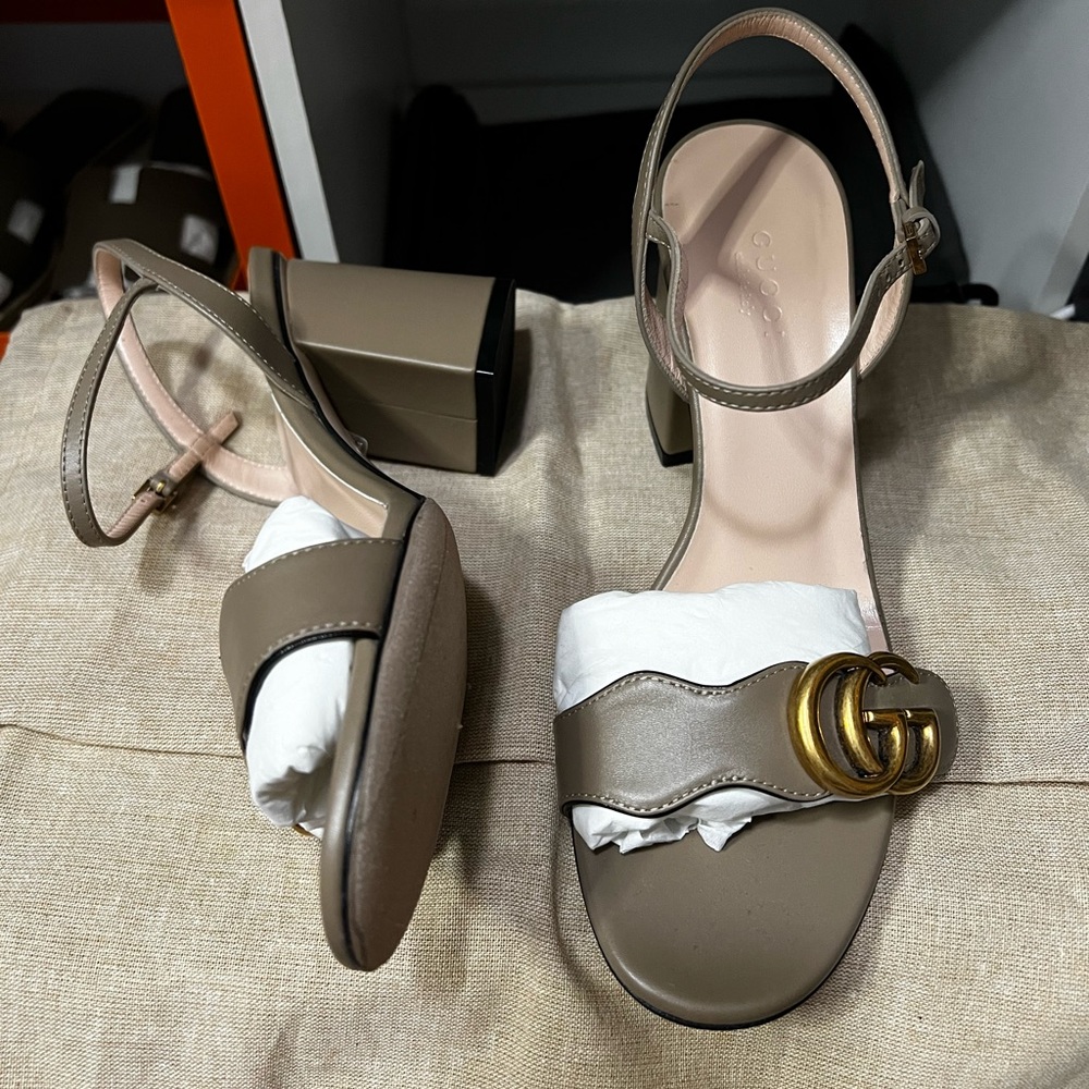 Authentic Gucci marmont GG double G mid block heel leather sandals 36 6